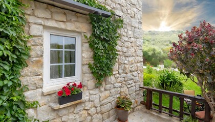 A beautiful window adorned with a green climbing plant in the stone wall of a country house.