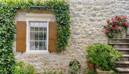 Fototapeta na wymiar A beautiful window adorned with a green climbing plant in the stone wall of a country house.