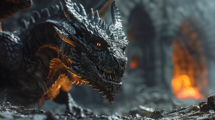 A menacing black dragon with glowing amber eyes sits in its lair surrounded by flames, emanating a sense of danger and fantasy