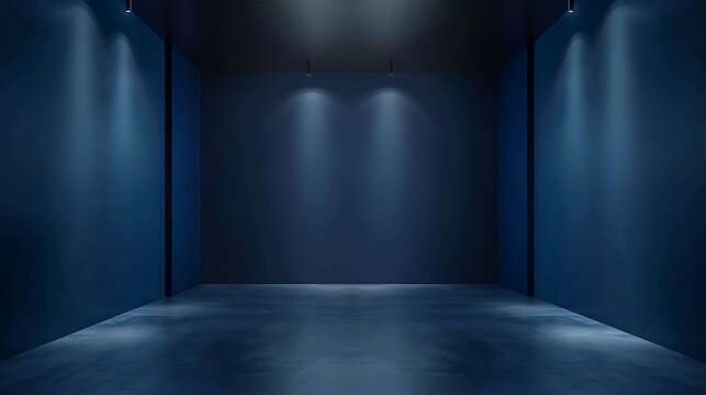 Blue navy studio room background. Blue background with light effects. Empty dark room. Space for selling products on the website. Generative Ai