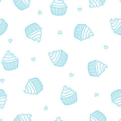 Seamless pattern with blue cupcakes and hearts