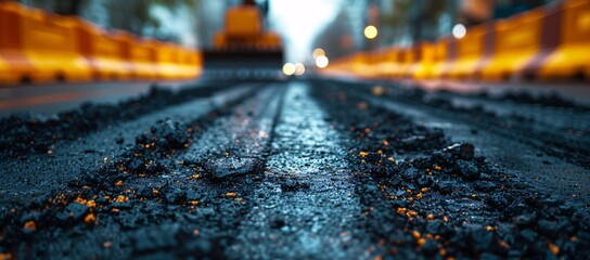 This image offers a low angle perspective of a fresh asphalt road with the soft glow of street lights in the early twilight - Powered by Adobe