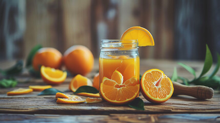 Canned oranges. Jar with canned orange and fresh. - obrazy, fototapety, plakaty