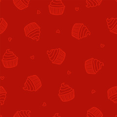 Red seamless pattern with cupcakes and hearts