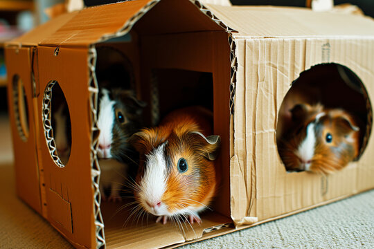guinea pigs hiding in a cardboard playhouse, room setting