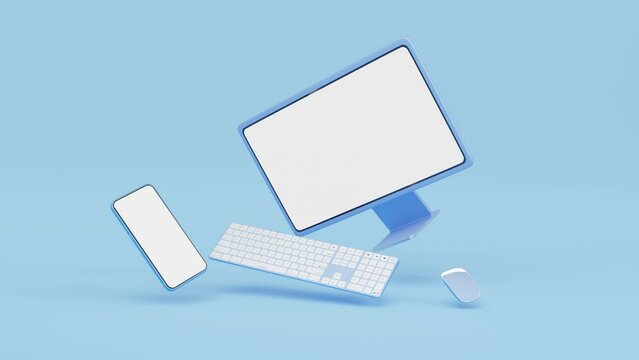 3D animation Computer monitor with wireless mouse, keyboard, phone float on blue background. Social media marketing online, e commerce, digital store, shop app concept. Desktop blank screen. 3d render