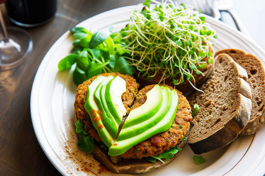 heartshaped veggie burger with avocado and sprouts on rye bread