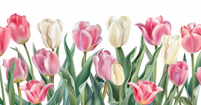 Watercolor of beautiful white and pink tulip flowers on white background.
