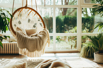 bright conservatory with hanging chair and plush throws - obrazy, fototapety, plakaty
