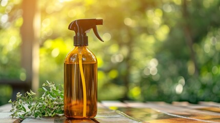 Bottle of liquid soap on wooden table with green nature background - obrazy, fototapety, plakaty