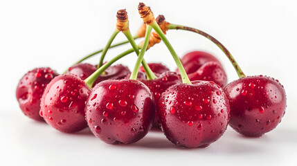 A cluster of ripe cherries with stems.