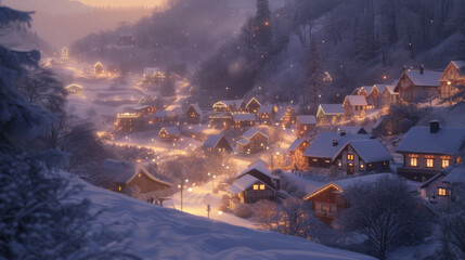 A mountain village covered in snow over a hill.