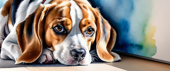 A beagle with floppy ears is lying on the floor. Beagle illustration in watercolor style.