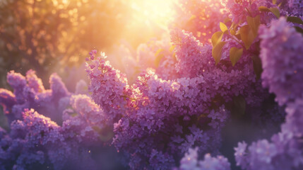 Fototapeta premium Bushes of purple blooming lilac, at dawn.