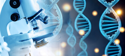 Laboratory research, scientist using microscope to checking gene or DNA for develop vaccine or pharmaceutical product