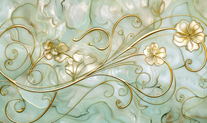 sophisticated white flowers with golden accents on pearlescent holographic background