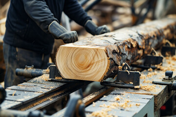 worker guiding a log onto a sawmill bed with control levers - obrazy, fototapety, plakaty