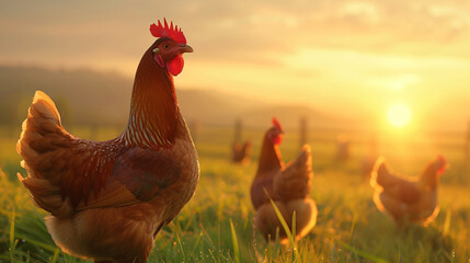 Chickens and hen on the green grass in the sunset. - obrazy, fototapety, plakaty