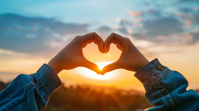 A blurred image of hands forming a heart shape towards the sky, expressing gratitude and positivity, blurred background, with copy space