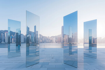 Large rectangular mirrors forming the reflections of tall buildings in an outdoor space.
