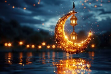 Ramadan theme decorated with glowing lanterns and crescent moon for elegant poster background professional photography