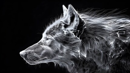 Wolf on black background. Black and white portrait of wolf. Predator series. digital art,...