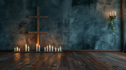 Christian cross with candles on wooden floor