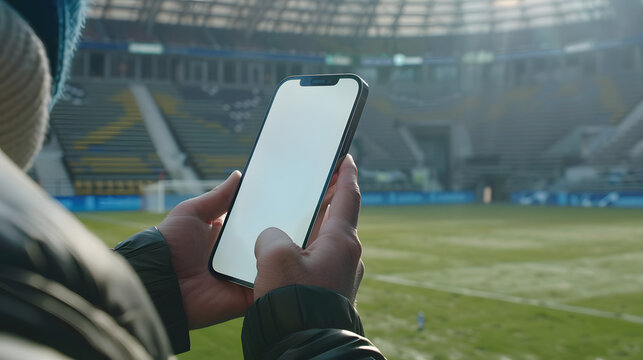 Man fan hands holding isolated smartphone device in soccer football crowed stadium game with blank empty white screen, sports betting concept