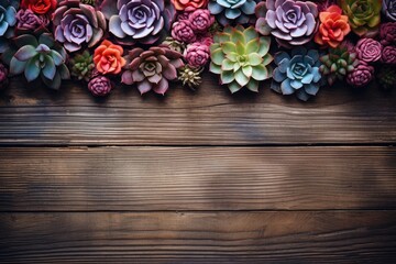 Succulents on wooden background. Top View