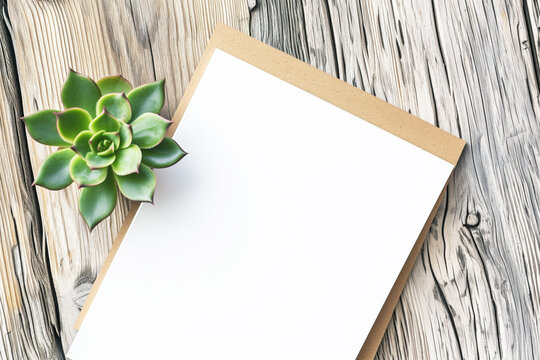 blank notepad with succulent on birch desk