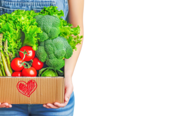 Woman holds fresh natural green vegetables in cardboard box in her hands on transparent background. Close up, copy space. Concept of health, healthy food and dieting