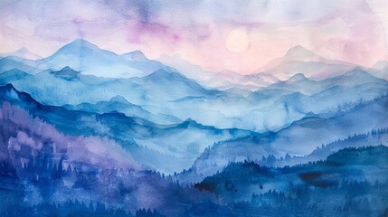 Ethereal Watercolor Landscape with Mountain Silhouettes