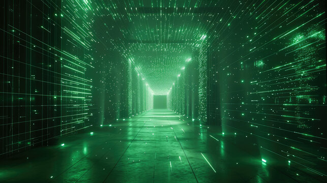 Dark futuristic tunnel background, corridor with green lines of laser light, interior of abstract modern hall or garage. Concept of tech room, warehouse, studio, building, technology