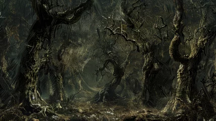 Fotobehang Haunted dark creepy forest, scary crooked dry trees at night. Landscape of spooky fairy tale woods. Concept of fantasy, horror, gloomy nature, Halloween, © Natalya