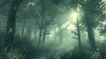 Obraz premium Misty Ethereal Forest Scene with Soft Green Overtones