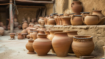Fototapeta na wymiar Clay vases and pots in a pottery workshop in Moro.