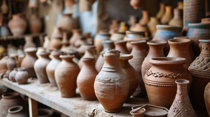 Fototapeta na wymiar Clay vases and pots in a pottery workshop in Moro.