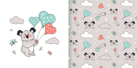 Children's seamless pattern with the image of a cute koala bear. Vector design for baby bedding, fabric, wallpaper, wrapping paper and more.