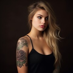 Portrait of a beautiful girl with tattoos on a gray background. Tattooed girl with stylish long hair and makeup. Studio shot of an attractive young woman with rose tattoo. - 745921780