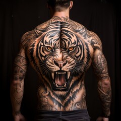 Full back tattoo of a brutal, angry tiger. Close up image of a back with a cool tiger tattoo. A person with a big colored tattoo of a roaring, aggressive animal on a dark background.  AI generated. - 745921790
