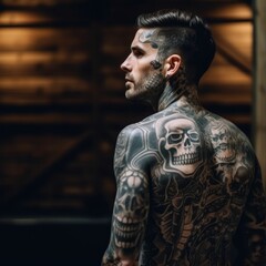 Close up of a man with a tattoo of a skull on his back. Skull tattooed on man's back on a blurred background. Studio shot of an athletic man with tattoos, closeup. - 745921792
