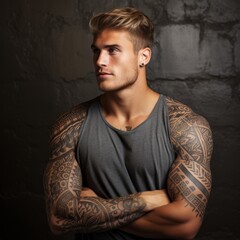Athletic man with cool tattoos.  Tattooed man on a dark background. Studio shot of a muscular man with black, brutal tattoos. Caucasian, stylish tattooed guy with crossed arms. - 745921793
