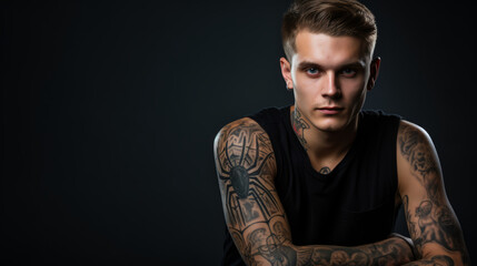 Athletic man with cool tattoos.  Tattooed man on a dark background. Studio shot of a muscular man with black, brutal tattoos. Caucasian, stylish tattooed guy with crossed arms. - 745921798