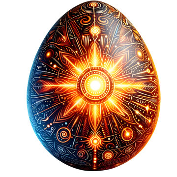 An Easter egg painted with vibrant tribal patterns and symbols, Abstract easter eggs in celebration of Happy easter on transparent background PNG