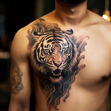 Chest tattoo of a brutal angry tiger. Close up image of a chest with a cool tiger tattoo. Side view of a person with a big colored tattoo of a roaring, aggressive animal on it. AI generated.