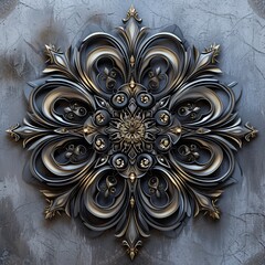 Ornate Black and Gold Mandala Relief Sculpture with Elaborate Gothic Flourishes on a Weathered Concrete Background