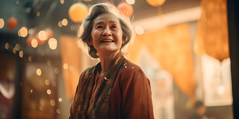 Fototapeta na wymiar Elegant Senior Woman Smiling in a Festively Lit Street at Dusk