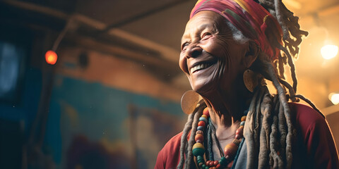 Obraz premium Elderly Woman with Vibrant Dreadlocks Smiling with Joy in Warm Light