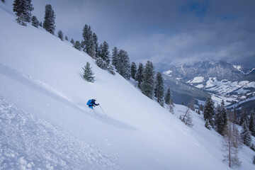 Skiing in deep powder snow in the mountains of Austria during winter, blue sky, in Hochfügen, mountain scenery in background. - 745921995