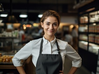 A young, cheerful saleswoman with a warm smile, engaging with the camera amidst the hustle and bustle of a well-stocked grocery store, ready to assist customers with their needs.